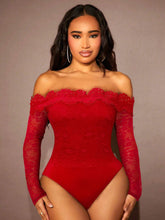 1pc Women's Solid Color Off-Shoulder Long Sleeve Lace Bodysuit, Fashionable And Elegant